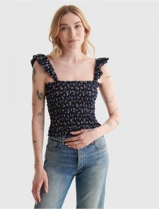 PRINTED SMOCKED FLUTTER-SLEEVE TANK | Lucky Brand