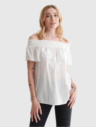 SHORT SLEEVE OFF THE SHOULDER EMBROIDERED TOP | Lucky Brand
