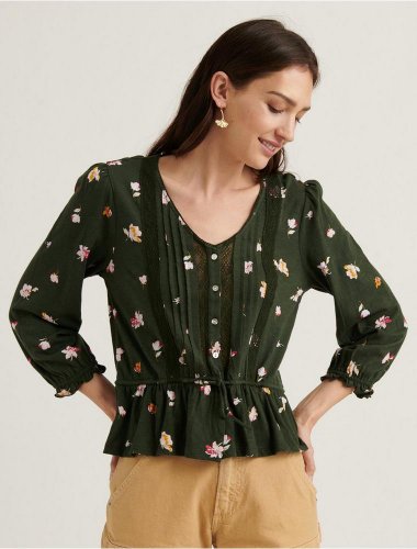 PRINTED TIE WAIST 3Q SLEEVE TOP | Lucky Brand